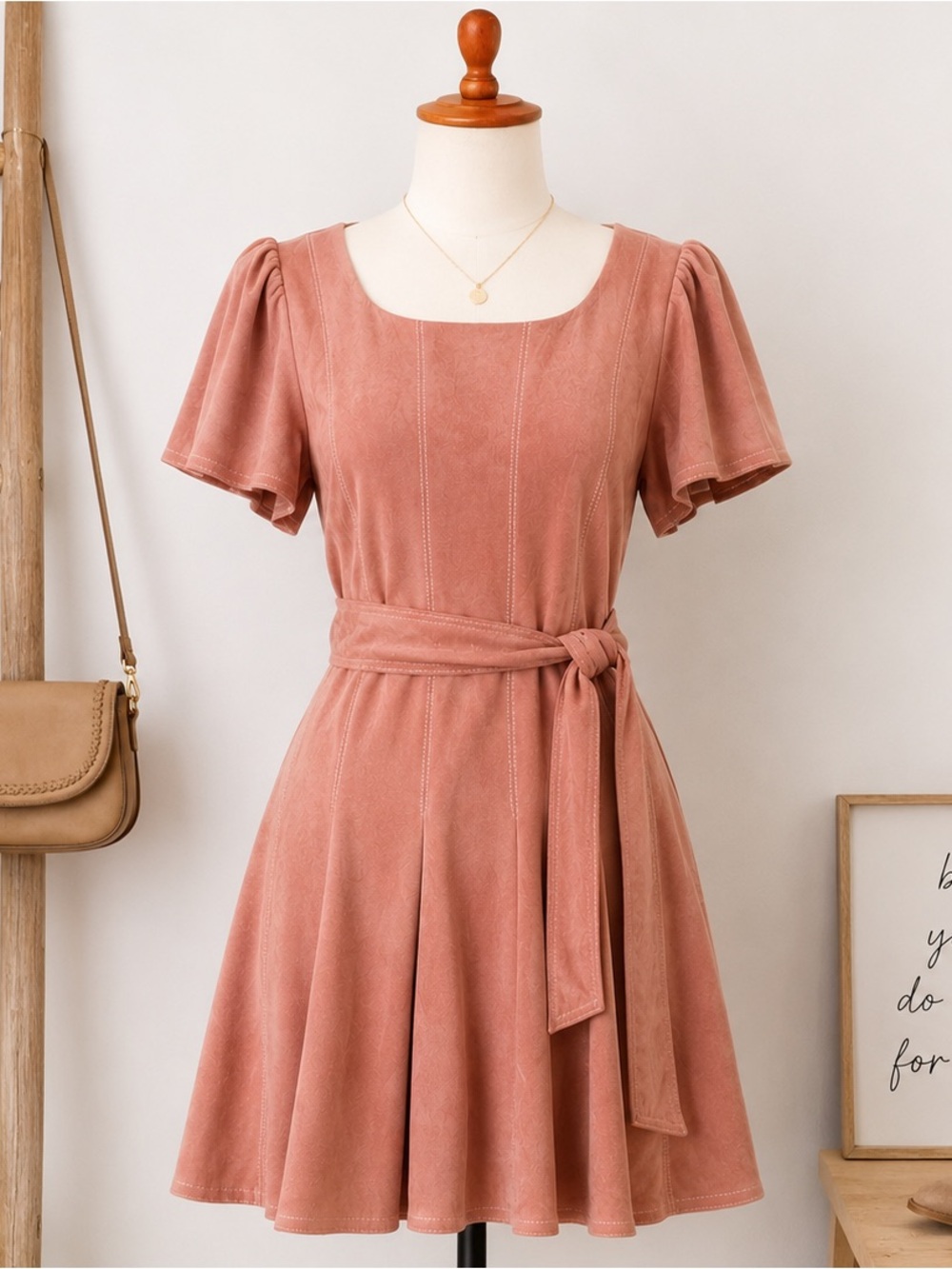 FATE Dusty Rose Faux Suede Fit & Flare Belted Mini Dress Size L